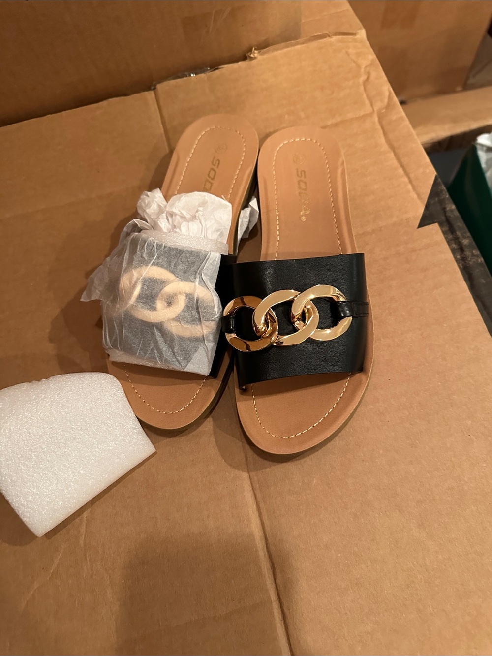 Black Slide Sandals with Gold Chain Accent